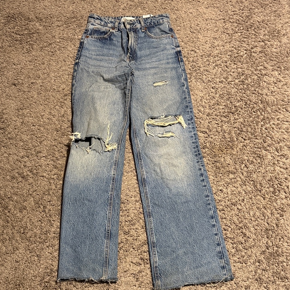 Zara Women's Straight Leg Ripped Blue Jeans